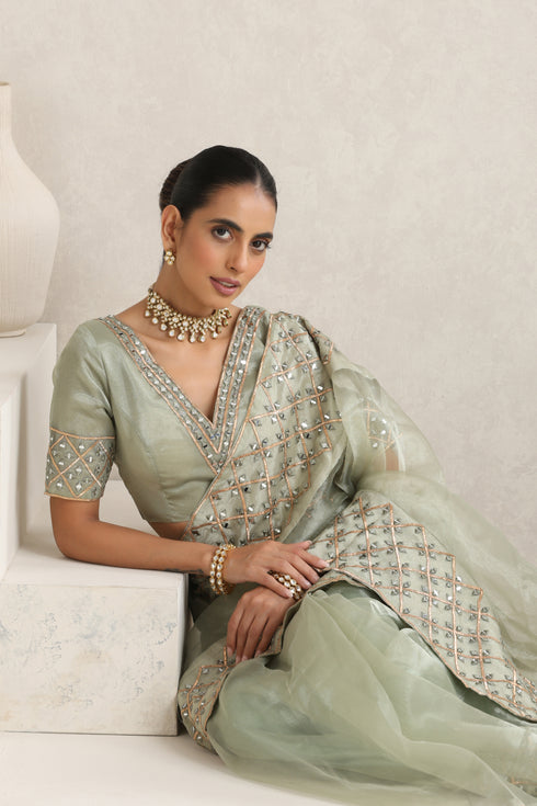 Bud Green Mirror Handwork Saree with Mirrior work Silk Blouse