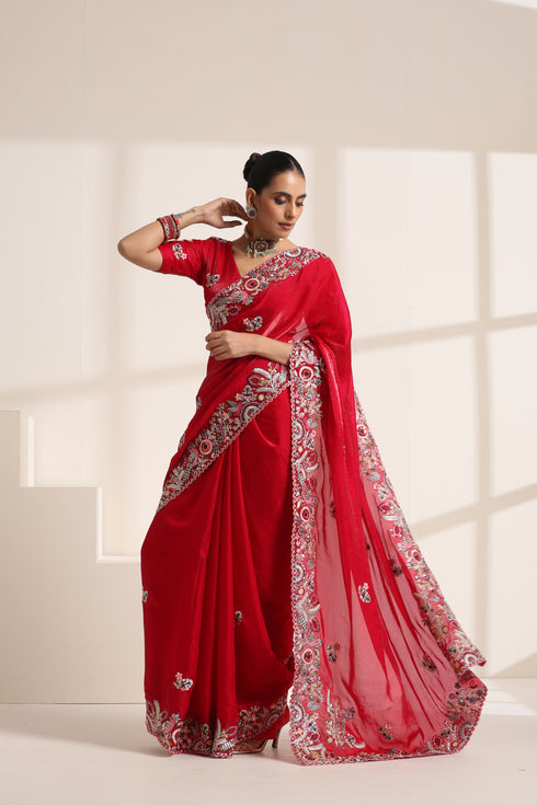 Red Pure Silk Saree with Intricate Peacock Embroidery