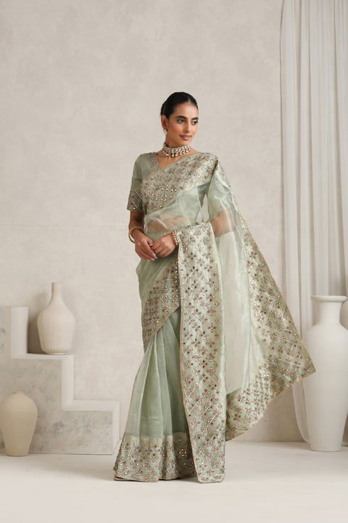 Bud Green Mirror Handwork Saree with Mirrior work Silk Blouse