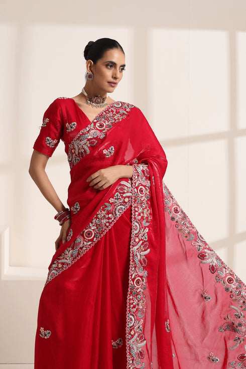 Red Pure Silk Saree with Intricate Peacock Embroidery