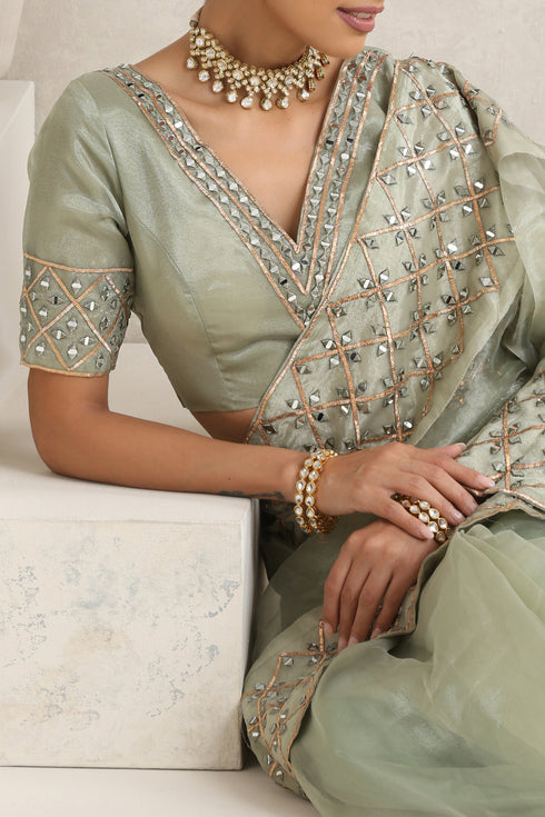 Bud Green Mirror Handwork Saree with Mirrior work Silk Blouse