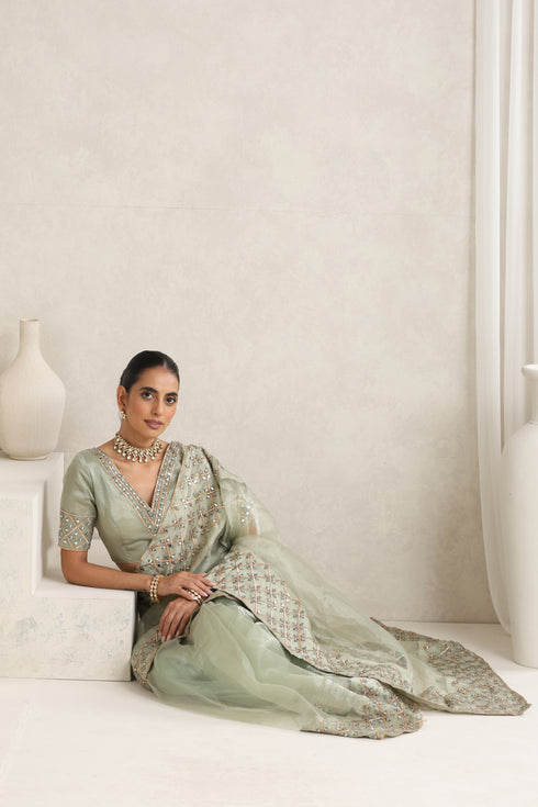 Bud Green Mirror Handwork Saree with Mirrior work Silk Blouse
