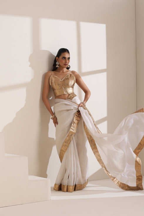 White Organza Saree with Golden Lampi Lace Border