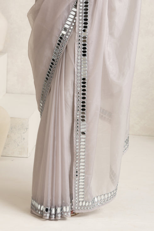 Klishaaart Dove Grey Mirror Work Saree with work Silk Blouse