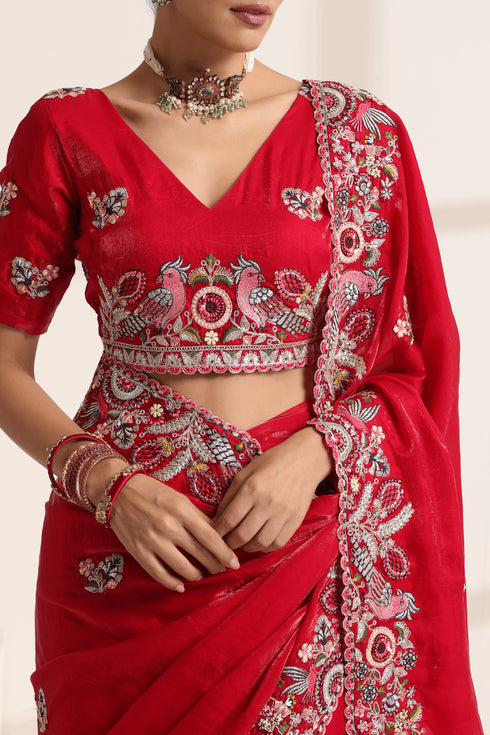 Red Pure Silk Saree with Intricate Peacock Embroidery