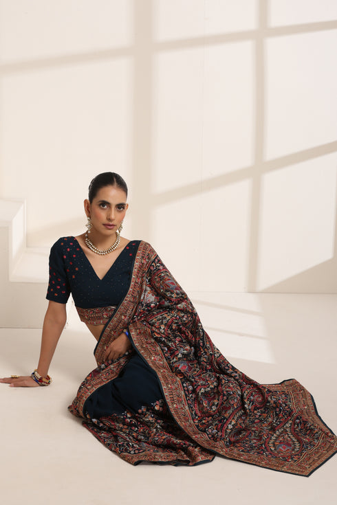 Black Georgette Embroidered Saree for Women