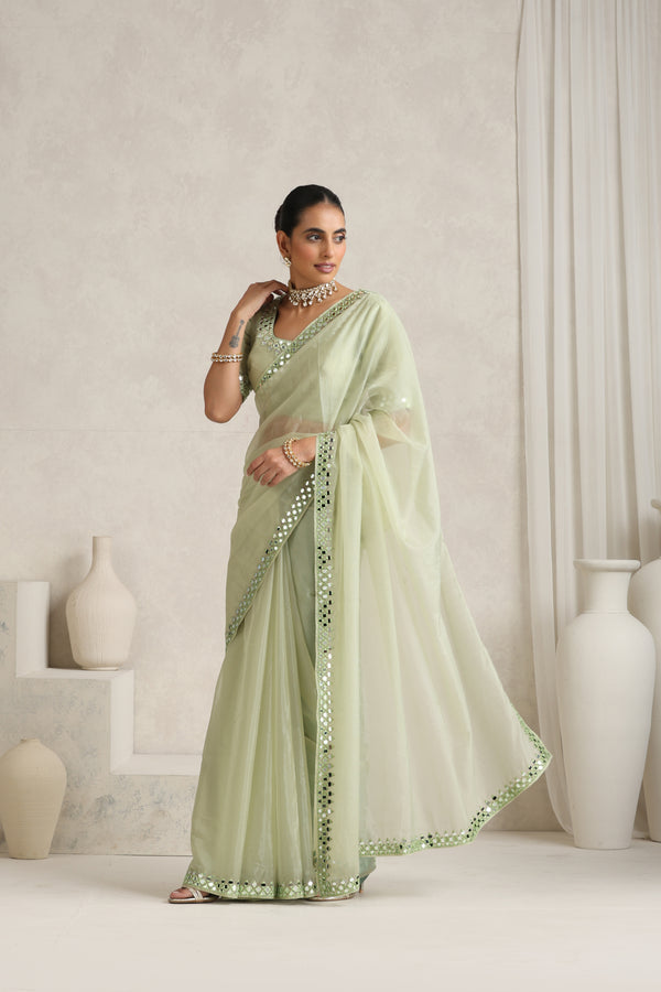 Beryl Green Mirror Handwork Saree with Mirrior work Silk Blouse