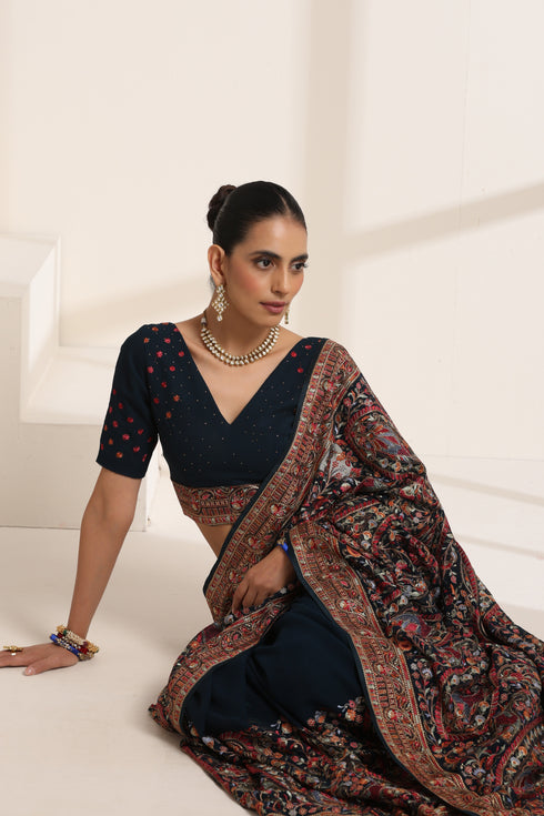 Black Georgette Embroidered Saree for Women