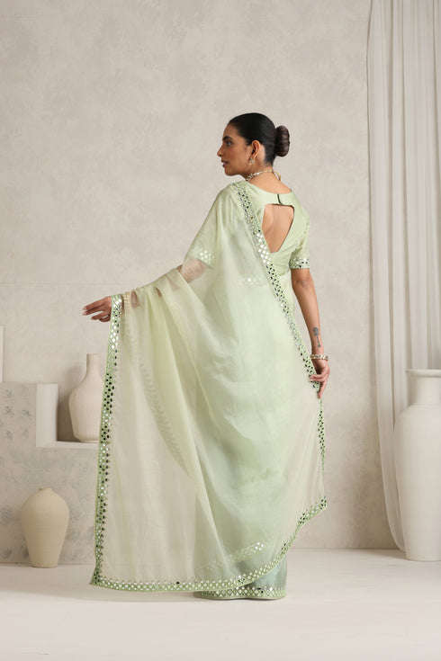 Beryl Green Mirror Handwork Saree with Mirrior work Silk Blouse