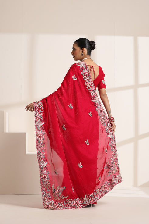 Red Pure Silk Saree with Intricate Peacock Embroidery