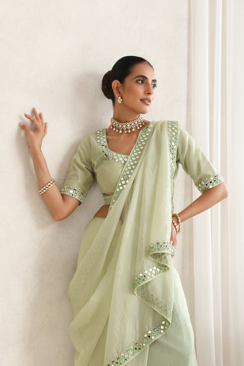 Beryl Green Mirror Handwork Saree with Mirrior work Silk Blouse