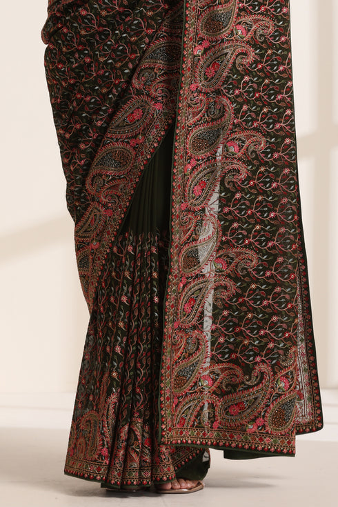 Dark Green Georgette Embroidered Saree for Women