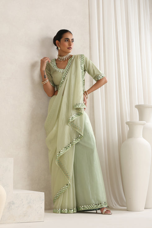 Beryl Green Mirror Handwork Saree with Mirrior work Silk Blouse