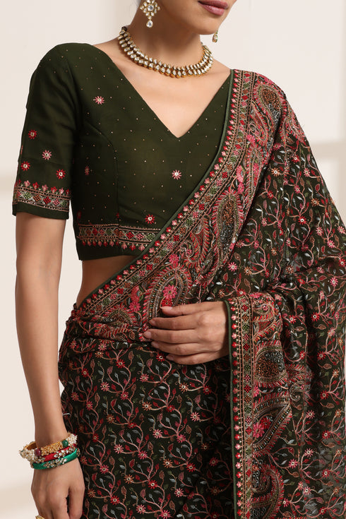 Dark Green Georgette Embroidered Saree for Women