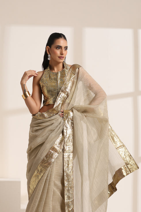 Ivory Crush Saree and Mettalic Gold Border