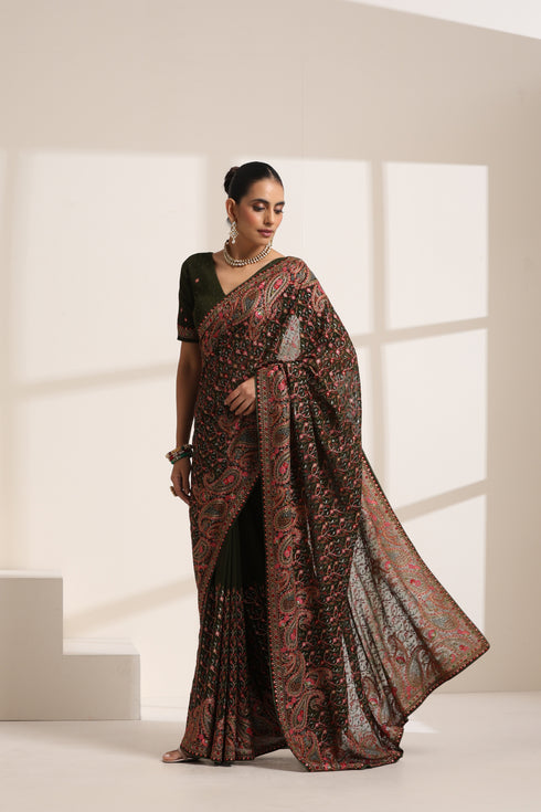 Dark Green Georgette Embroidered Saree for Women