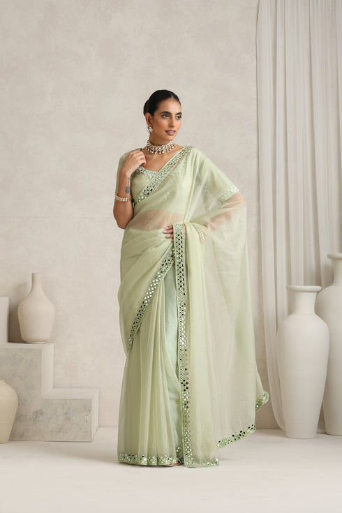 Beryl Green Mirror Handwork Saree with Mirrior work Silk Blouse