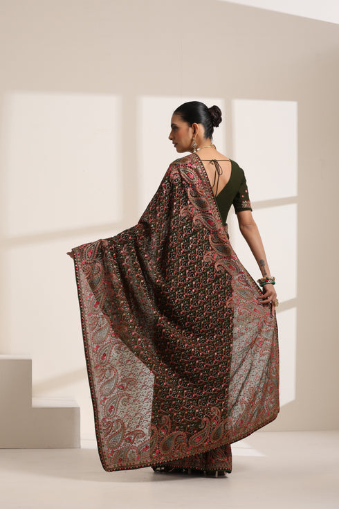 Dark Green Georgette Embroidered Saree for Women