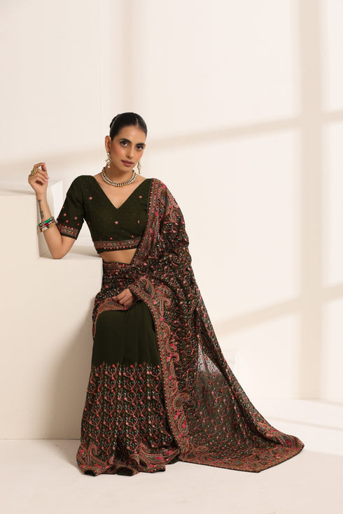 Dark Green Georgette Embroidered Saree for Women
