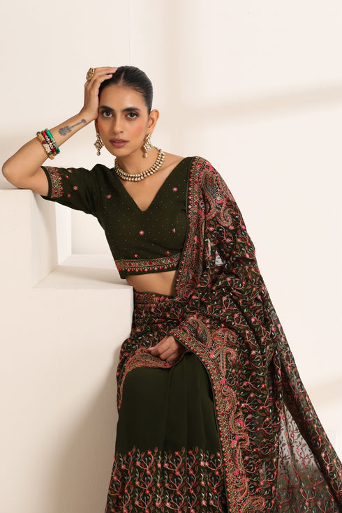Dark Green Georgette Embroidered Saree for Women