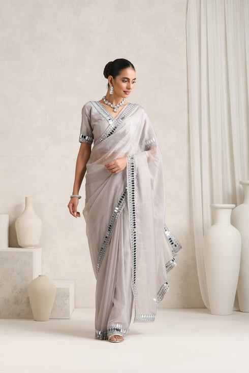 Klishaaart Dove Grey Mirror Work Saree with work Silk Blouse