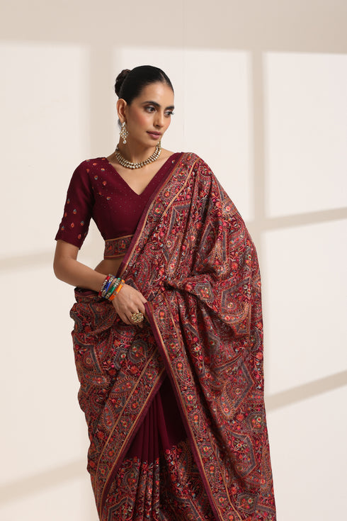 Maroon Georgette Embroidered Saree for Women
