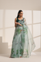Mint Green Organza Saree with Printed Floral and Bird Design