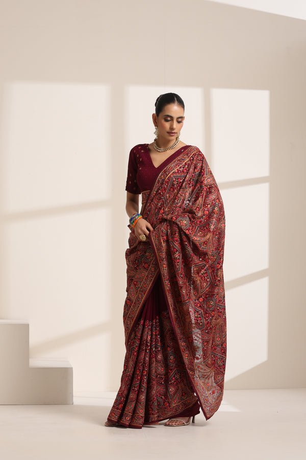 Maroon Georgette Embroidered Saree for Women