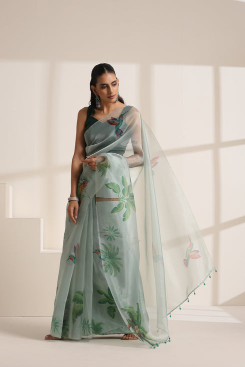 Mint Green Organza Saree with Printed Floral and Bird Design