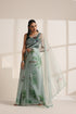 Mint Green Organza Saree with Printed Floral and Bird Design