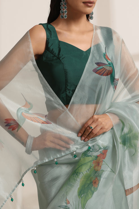 Mint Green Organza Saree with Printed Floral and Bird Design