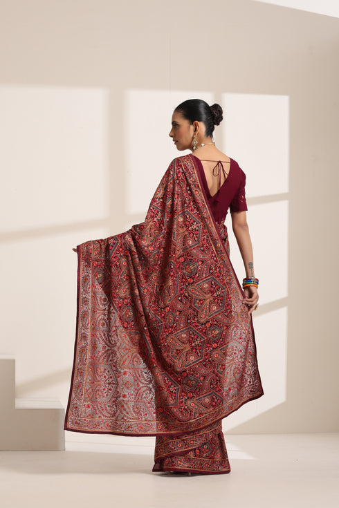Maroon Georgette Embroidered Saree for Women
