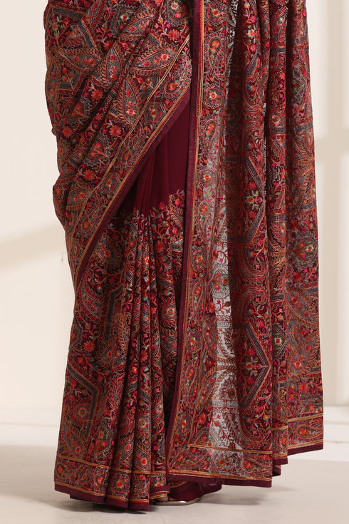 Maroon Georgette Embroidered Saree for Women