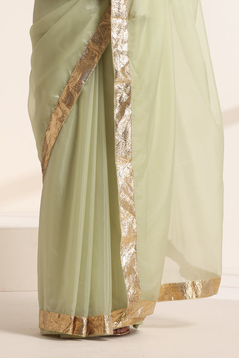Green Silk Organza Saree with Golden Zari Border