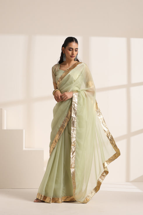 Green Silk Organza Saree with Golden Zari Border