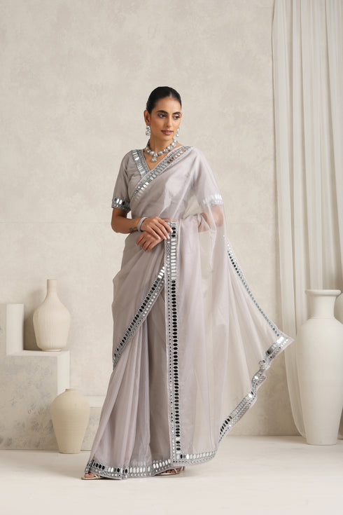Klishaaart Dove Grey Mirror Work Saree with work Silk Blouse