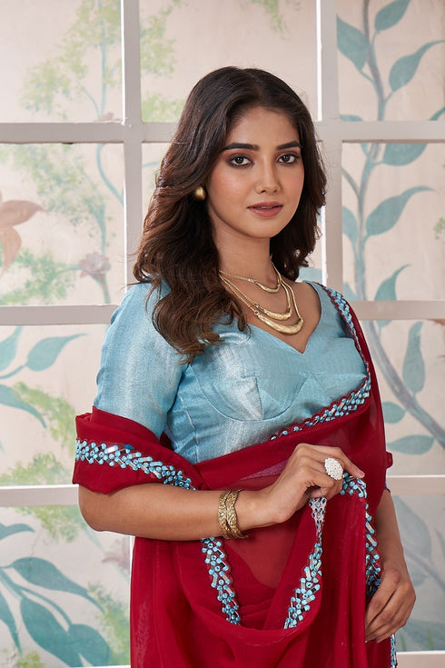 pink having detail of blue mirror work