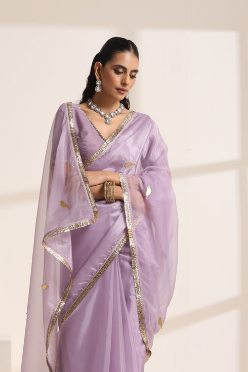 Purple Organza Saree with Acrylic Sapprow Golden Lampi Lace Border