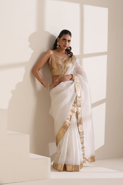 White Organza Saree with Golden Lampi Lace Border