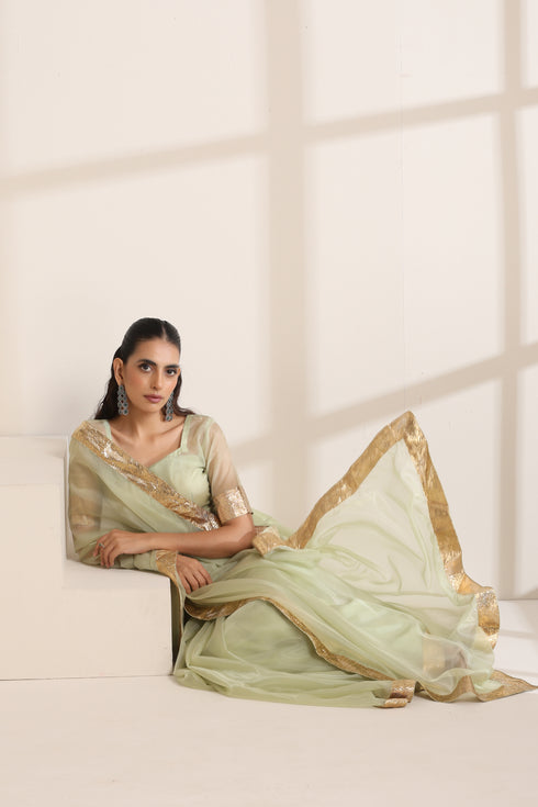 Green Silk Organza Saree with Golden Zari Border