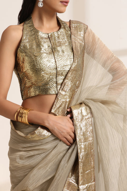 Ivory Saree With Golden lace And Crush Fabric