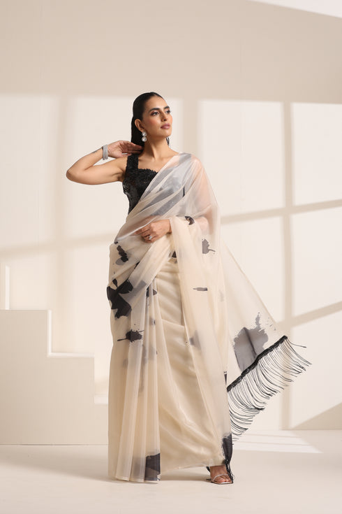 Cream Silk Organza Saree with Sequin Lace Pallu