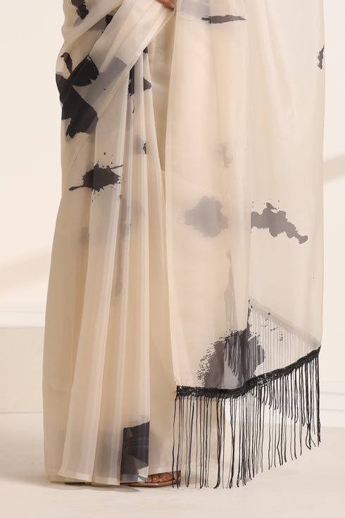 Cream Silk Organza Saree with Sequin Lace Pallu