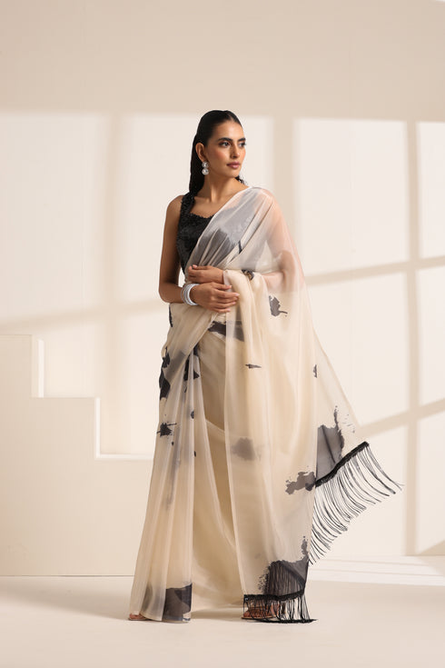Cream Silk Organza Saree with Sequin Lace Pallu