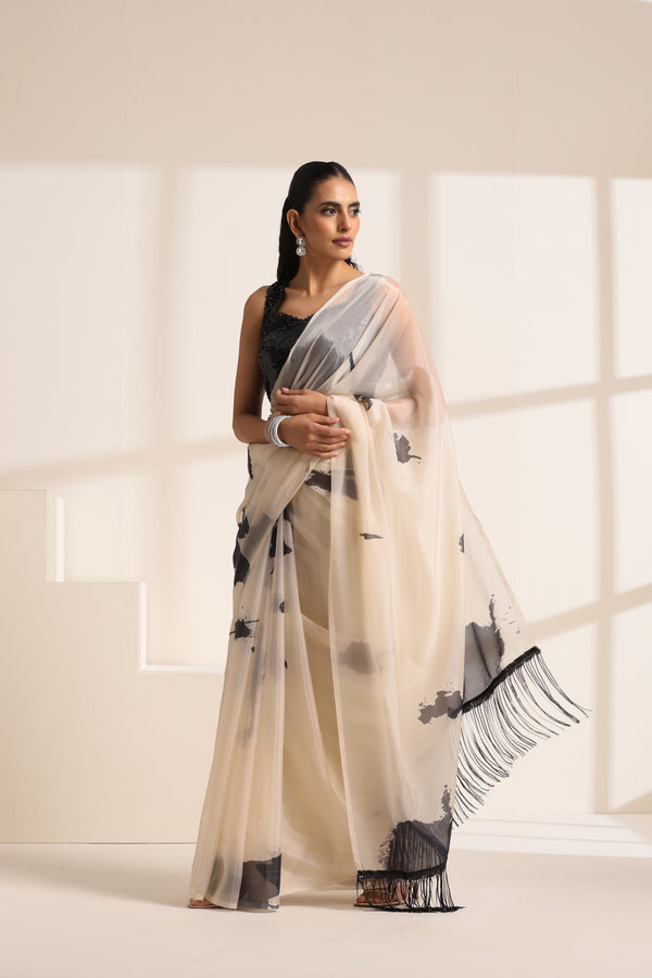 Cream Silk Organza Saree with Sequin Lace Pallu