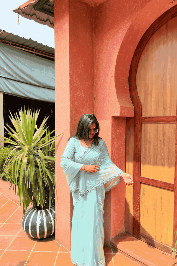 Cloudy Blue Mirror Handwork Saree with Mirrior work Silk Blouse