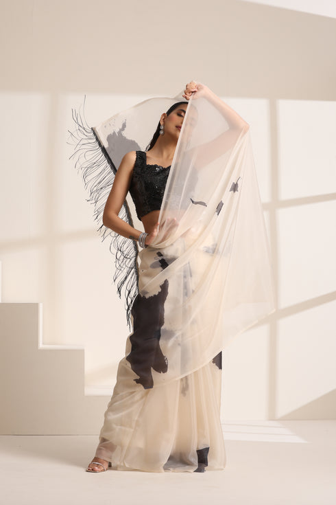 Cream Silk Organza Saree with Sequin Lace Pallu