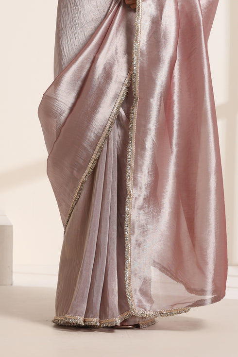 Rose Gold Silk Organza Saree with Lampi Lace Border