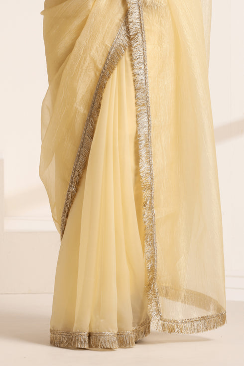 Yellow Silk Organza Saree with Crushed and Golden Lace Border