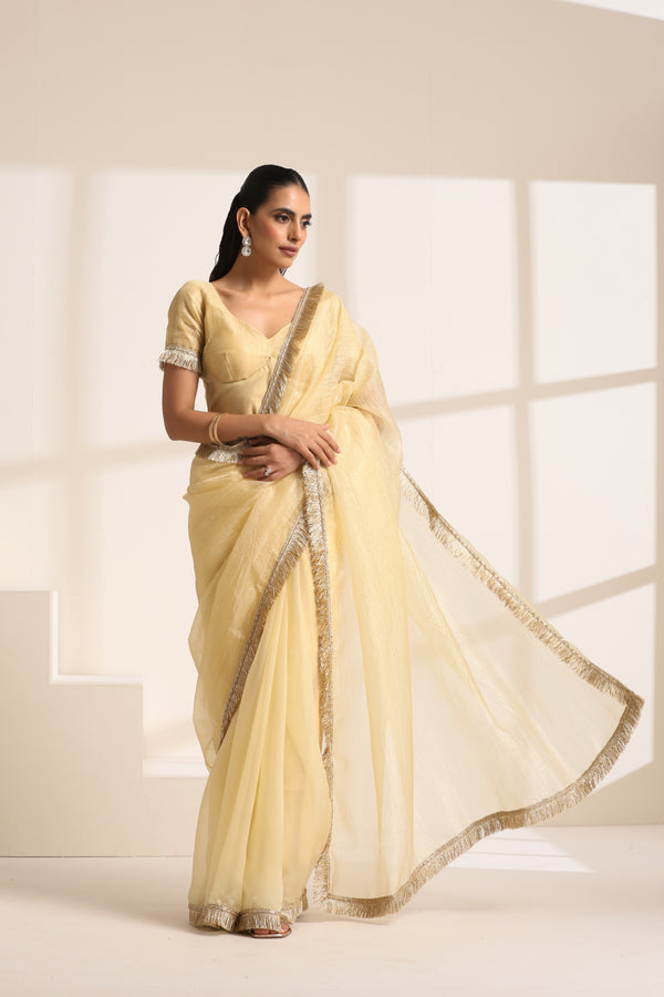 Yellow Silk Organza Saree with Crushed and Golden Lace Border